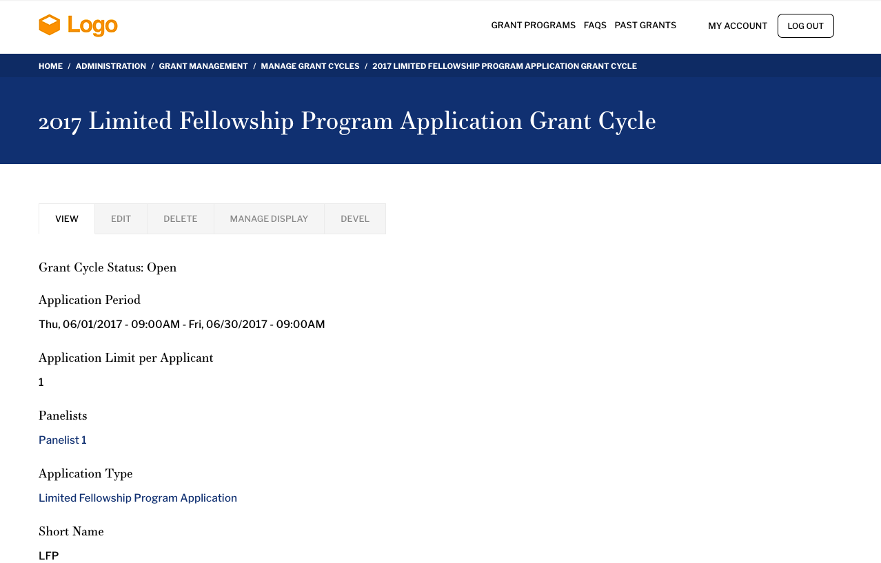 Screenshot of an application cycle showing that you can configure panelists, application types, and more for each application cycle.