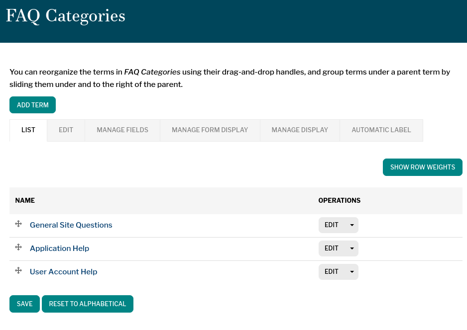 Manage FAQ Categories