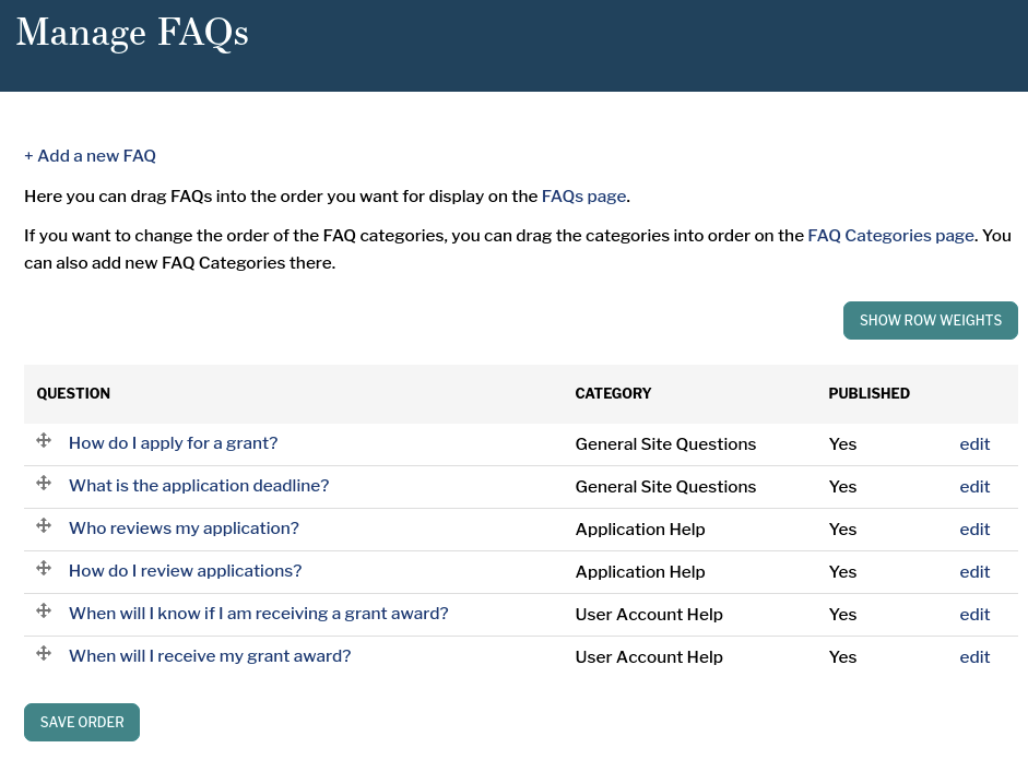 Manage FAQs page